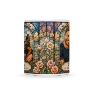Custom stained glass dog and owner memorial mug (11 oz)