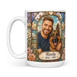 Custom stained glass dog and owner mug (15 oz)