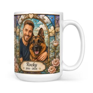 Custom stained glass dog and owner memorial mug (15 oz)