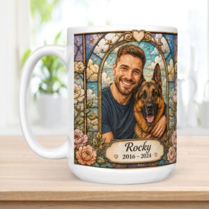 Personalized stained glass dog and owner memorial mug (15 oz)