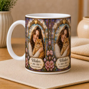 Personalized stained glass cat and owner memorial mug (view from the left)