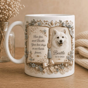 Custom book-style dog memorial mug (left view)