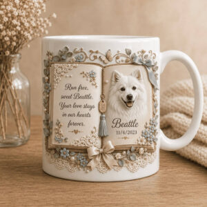 Custom book-style dog memorial mug (right view)