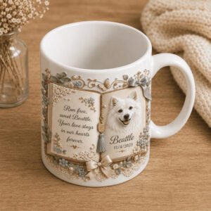 Custom book-style dog memorial mug (view from top)