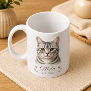 Personalized cat memorial mug with photo, name, and date (view from top)