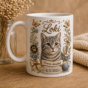 custom forever cherished cat memorial mug (left view)