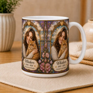 Personalized stained glass cat and owner memorial mug (right view)