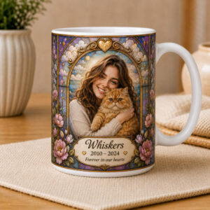 Custom stained glass cat and owner memorial mug (right view)