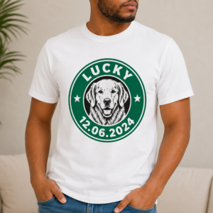 Personalized coffee badge dog memorial men t-shirt from photo