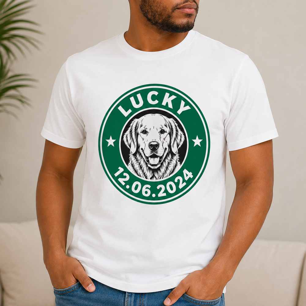 Personalized coffee badge dog memorial men t-shirt from photo