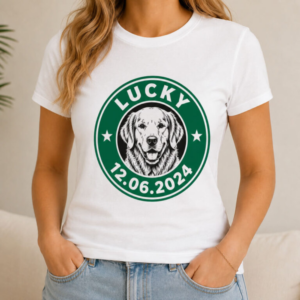 a woman wearing custom coffee badge dog memorial women t-shirt (thumbnail)