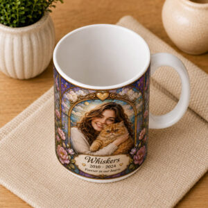 Personalized stained glass cat and owner memorial mug (view from top)
