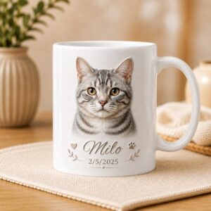 Personalized cat memorial mug with photo, name, and date (right view)
