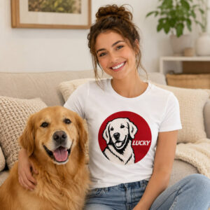 a woman wearing the custom retro fast-food dog memorial women t-shirt