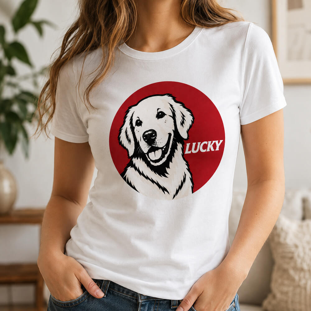 a woman wearing the personalized retro fast-food dog memorial women t-shirt