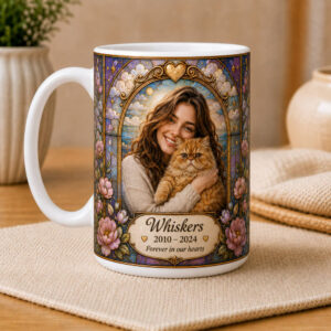 Custom stained glass cat and owner mug - thumbnail picture